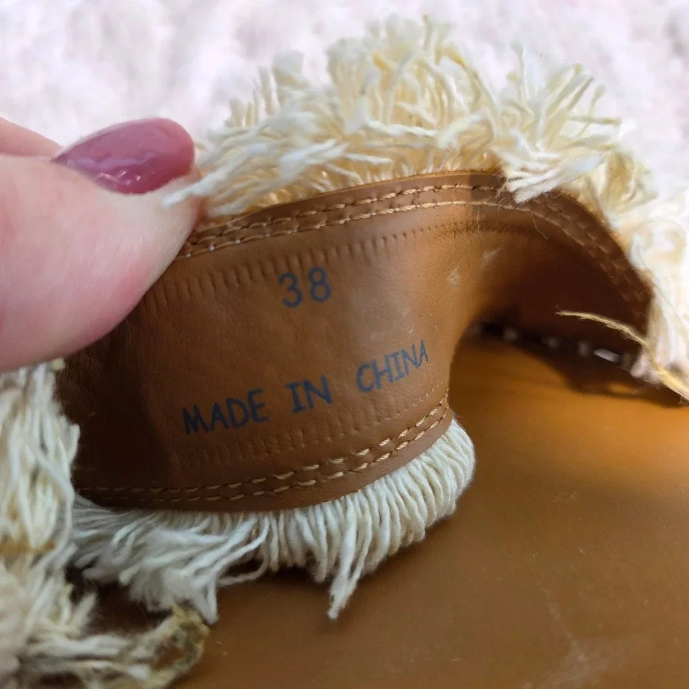See By Chloe Glyn Espadrille Wedge Sandals Tan Fringed Canvas‎ Womens 38 7.5